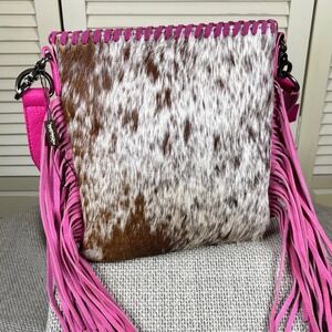 Bold Trinity Ranch Pink Cowhide Fringe Crossbody Modernist Western Hair-on-Hide